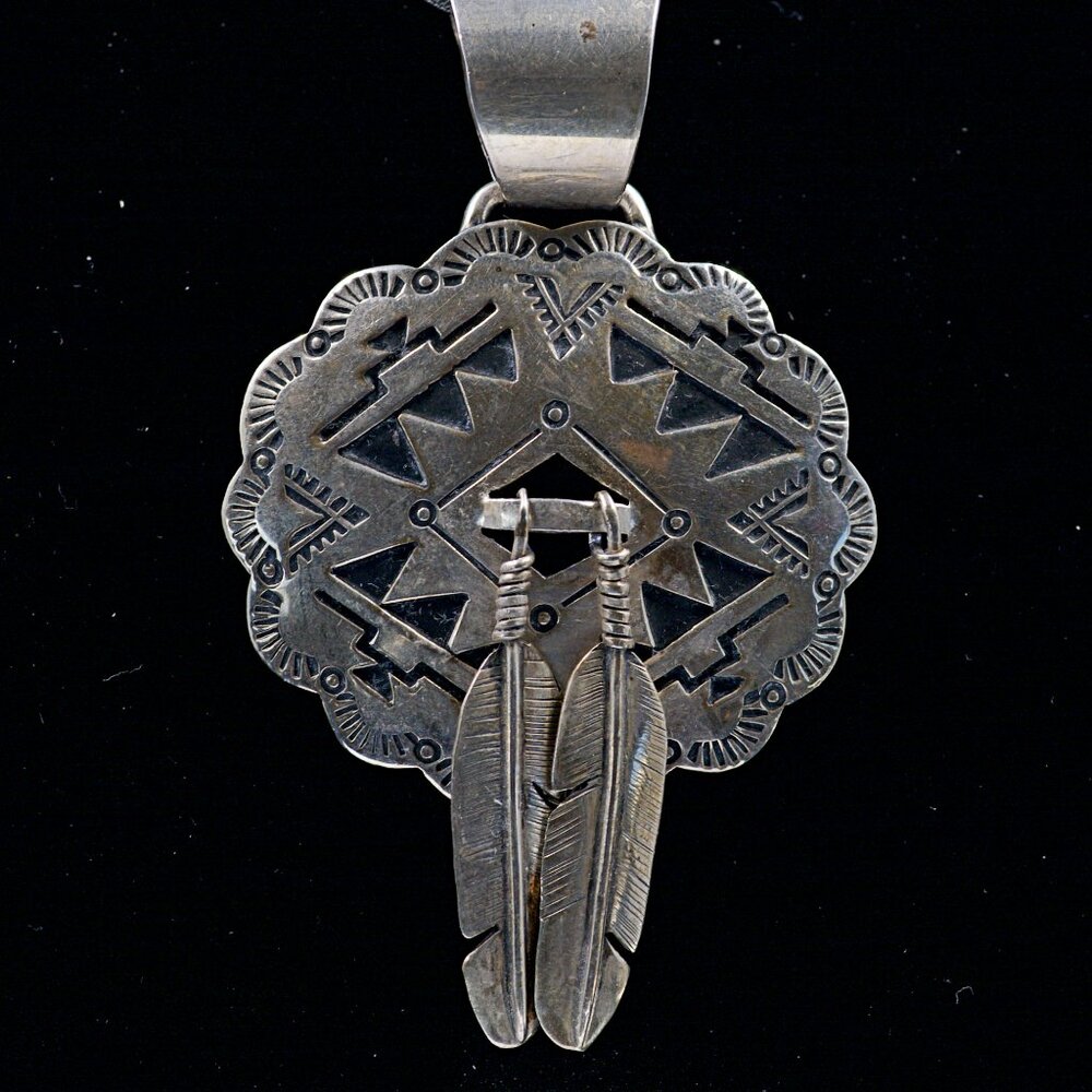 Vintage Sterling Silver Native American Hopi Feather and Shield Pendant.